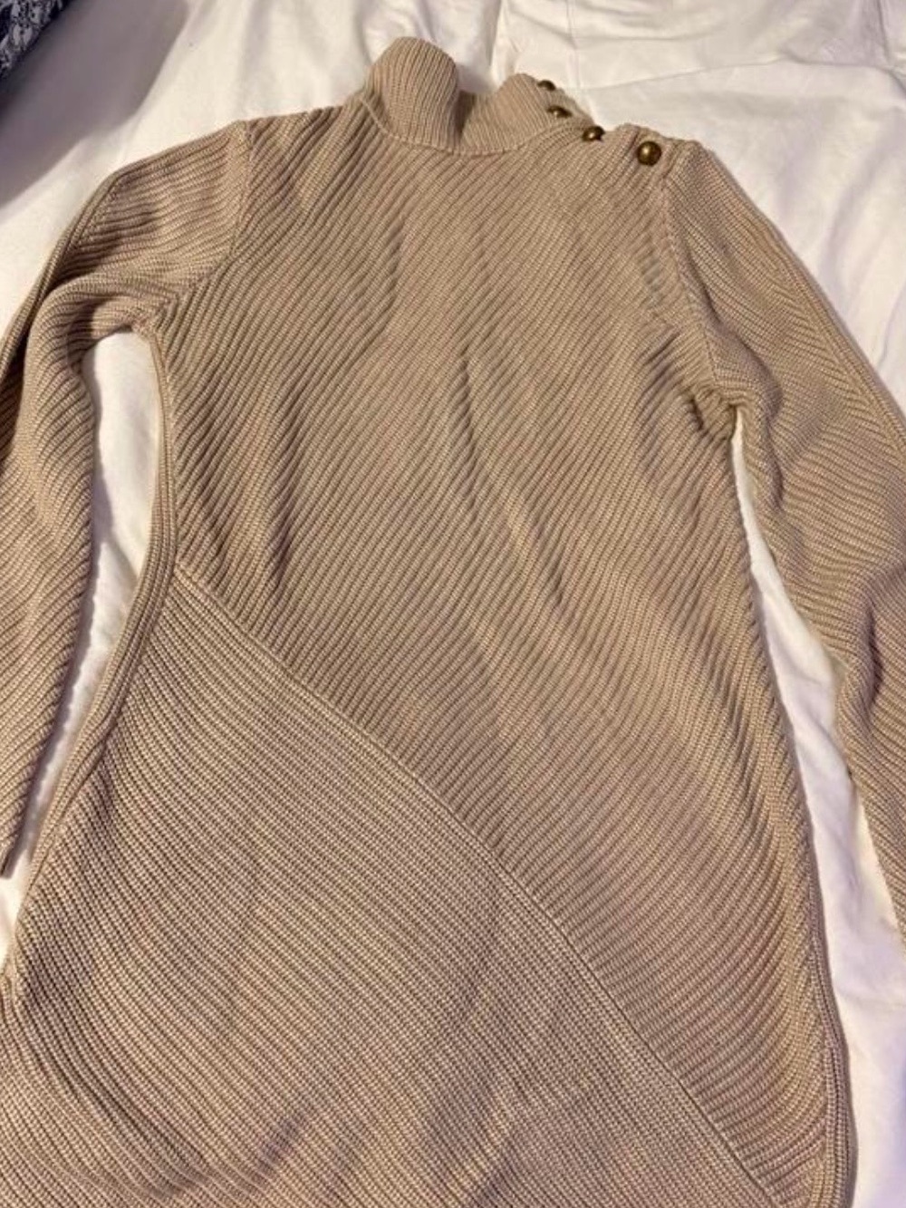Tory Burch Ribbed Turtleneck Button-Shoulder Sweater - Beige L - Picture 2 of 5